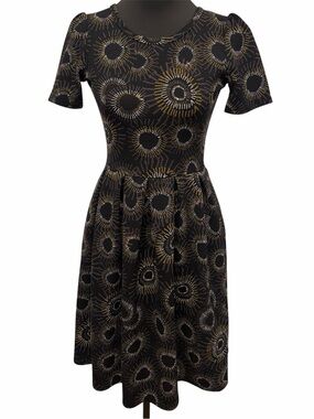 LuLaRoe Small Fit Flare Amelia Dress Black Gold Circle Print Casual